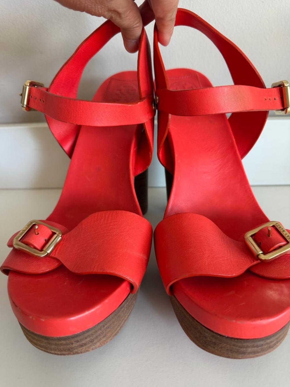 Tory Burch Red Leather Platform Block Heel Sandals Gold Buckle Ankle Strap